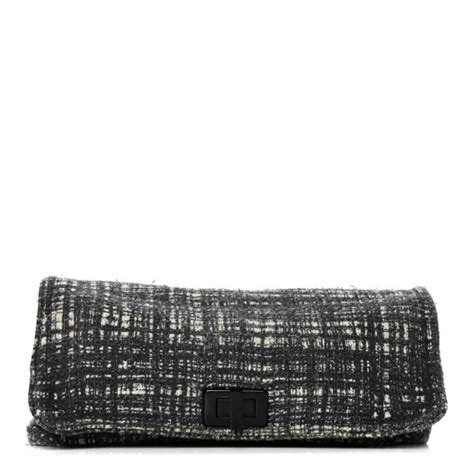 PRADA Tweed Clutch Black White 853470 